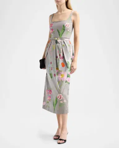 Oscar de la Renta Mixed Botanical Pleated Stretch-Cotton Midi Dress | Thumbnail 5 Oscar de la Renta Mixed Botanical Pleated Stretch-Cotton Midi Dress | Thumbnail 5