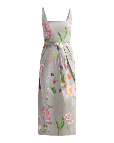 Oscar de la Renta Mixed Botanical Pleated Stretch-Cotton Midi Dress | Thumbnail 1 Oscar de la Renta Mixed Botanical Pleated Stretch-Cotton Midi Dress | Thumbnail 1