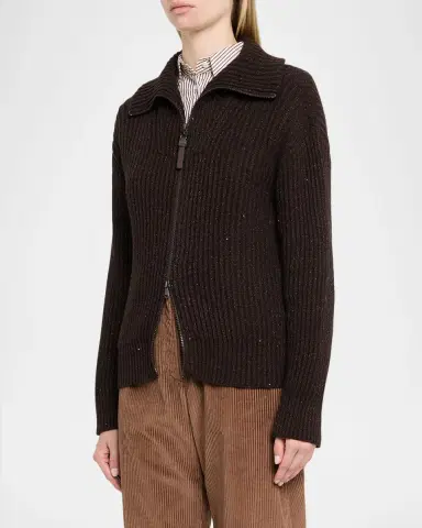 Brunello Cucinelli Shimmering Cashmere-Wool Rib Zip Cardigan | Thumbnail 4 Brunello Cucinelli Shimmering Cashmere-Wool Rib Zip Cardigan | Thumbnail 4