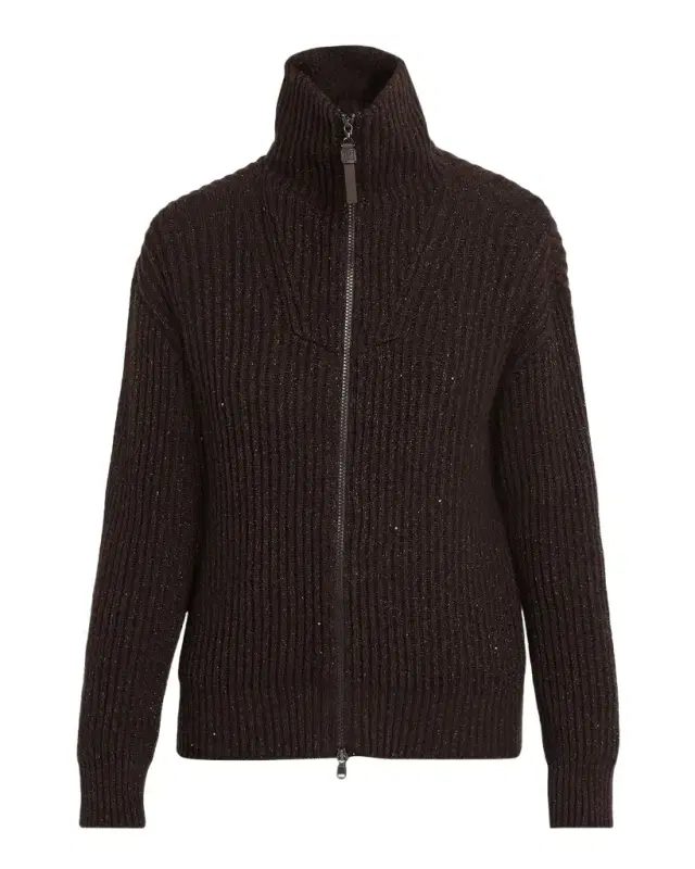 Brunello Cucinelli Shimmering Cashmere-Wool Rib Zip Cardigan
