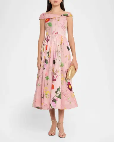 Oscar de la Renta Off-The-Shoulder Mixed Botanical Cotton Midi Dress | Thumbnail 2