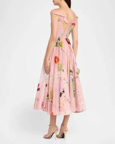 Oscar de la Renta Off-The-Shoulder Mixed Botanical Cotton Midi Dress | Thumbnail 3