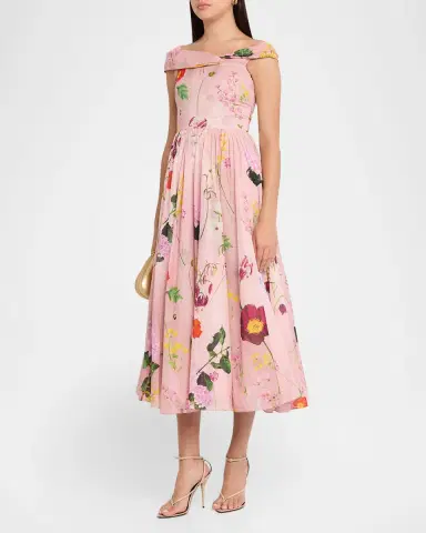 Oscar de la Renta Off-The-Shoulder Mixed Botanical Cotton Midi Dress | Thumbnail 4