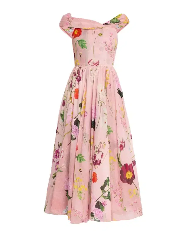 Oscar de la Renta Off-The-Shoulder Mixed Botanical Cotton Midi Dress