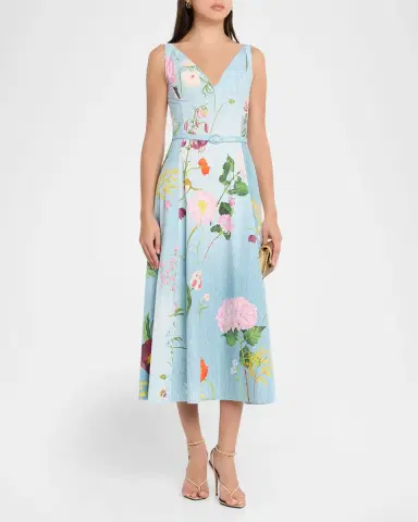 Oscar de la Renta Sleeveless V-Neck Mixed Botanical Midi Day Dress | Thumbnail 2 Oscar de la Renta Sleeveless V-Neck Mixed Botanical Midi Day Dress | Thumbnail 2