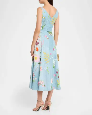 Oscar de la Renta Sleeveless V-Neck Mixed Botanical Midi Day Dress | Thumbnail 3 Oscar de la Renta Sleeveless V-Neck Mixed Botanical Midi Day Dress | Thumbnail 3