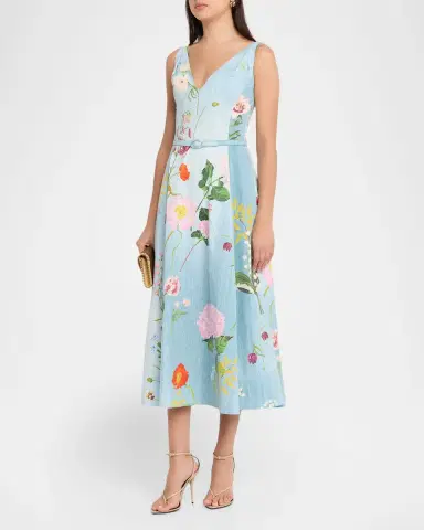 Oscar de la Renta Sleeveless V-Neck Mixed Botanical Midi Day Dress | Thumbnail 4 Oscar de la Renta Sleeveless V-Neck Mixed Botanical Midi Day Dress | Thumbnail 4