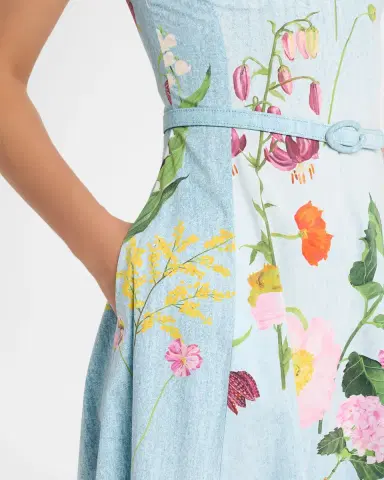 Oscar de la Renta Sleeveless V-Neck Mixed Botanical Midi Day Dress | Thumbnail 5 Oscar de la Renta Sleeveless V-Neck Mixed Botanical Midi Day Dress | Thumbnail 5