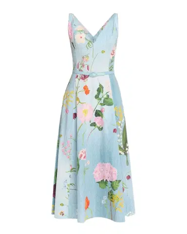 Oscar de la Renta Sleeveless V-Neck Mixed Botanical Midi Day Dress | Thumbnail 1 Oscar de la Renta Sleeveless V-Neck Mixed Botanical Midi Day Dress | Thumbnail 1