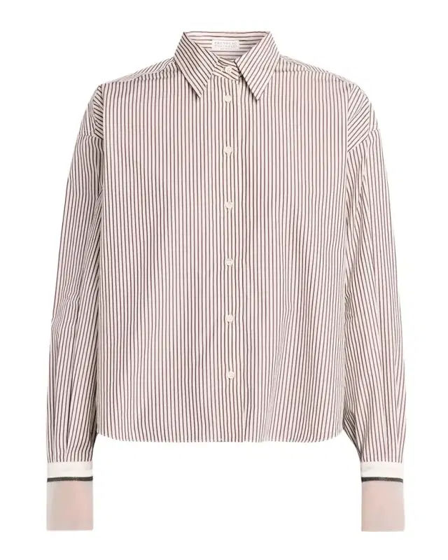 Striped Cotton Poplin Boxy Button-Down Shirt With Monili Trim