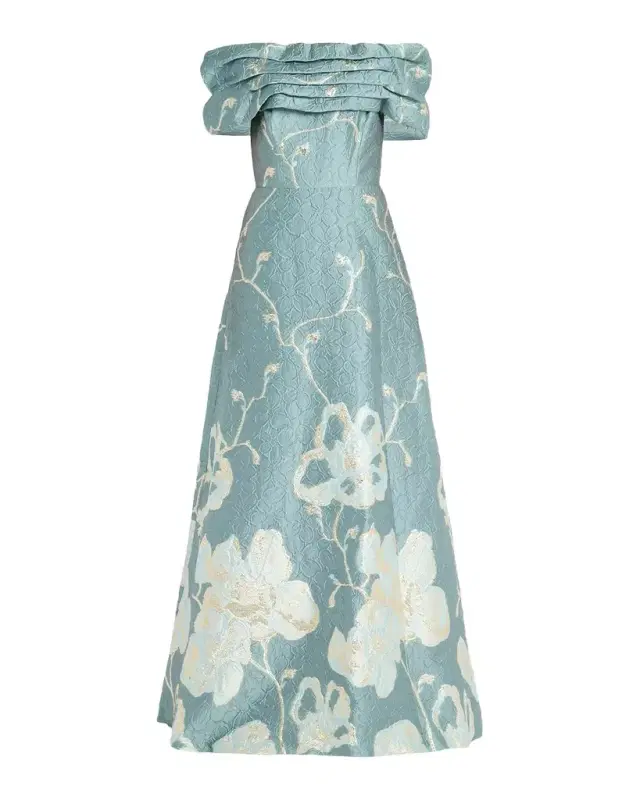 Rickie Freeman for Teri Jon Off-Shoulder Metallic Jacquard Gown