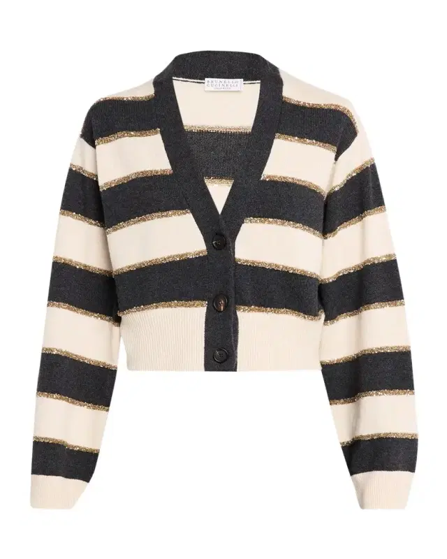 Luminous Striped Cashmere Crop V-Neck Cardigan