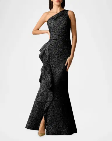 Rickie Freeman for Teri Jon One-Shoulder Jacquard Side-Ruffle Gown | Thumbnail 2