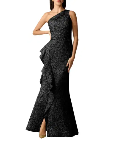 Rickie Freeman for Teri Jon One-Shoulder Jacquard Side-Ruffle Gown | Thumbnail 4