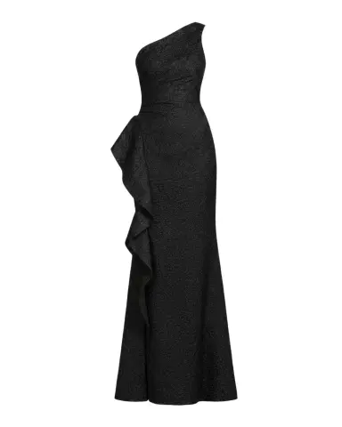 Rickie Freeman for Teri Jon One-Shoulder Jacquard Side-Ruffle Gown | Thumbnail 1