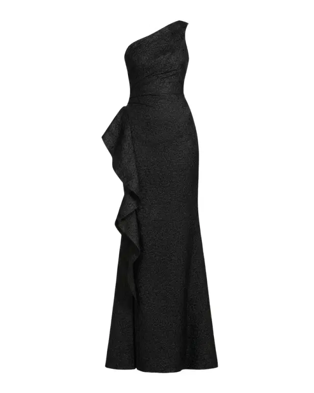 Rickie Freeman for Teri Jon One-Shoulder Jacquard Side-Ruffle Gown