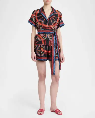 Dolce & Gabbana Short-Sleeve Carretto-Print Silk Twill Belted Pajama Shirt | Thumbnail 2