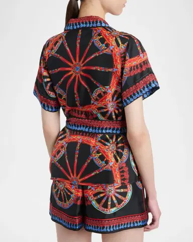 Dolce & Gabbana Short-Sleeve Carretto-Print Silk Twill Belted Pajama Shirt | Thumbnail 3