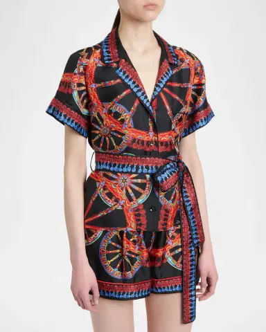 Dolce & Gabbana Short-Sleeve Carretto-Print Silk Twill Belted Pajama Shirt | Thumbnail 4