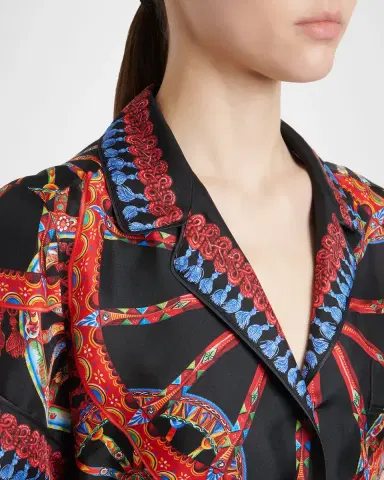 Dolce & Gabbana Short-Sleeve Carretto-Print Silk Twill Belted Pajama Shirt | Thumbnail 5