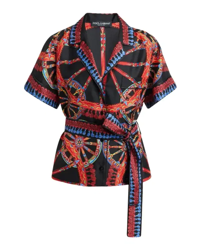 Dolce & Gabbana Short-Sleeve Carretto-Print Silk Twill Belted Pajama Shirt