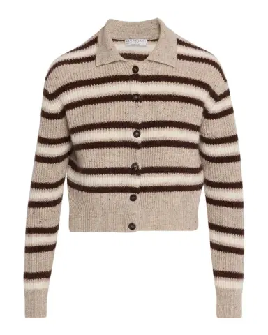 Brunello Cucinelli Cashmere-Blend Striped Collared Cardigan | Thumbnail 1