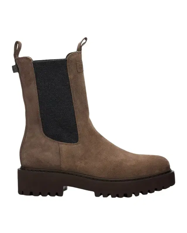 Brunello Cucinelli Monili Pull-Tab Suede Chelsea Boots