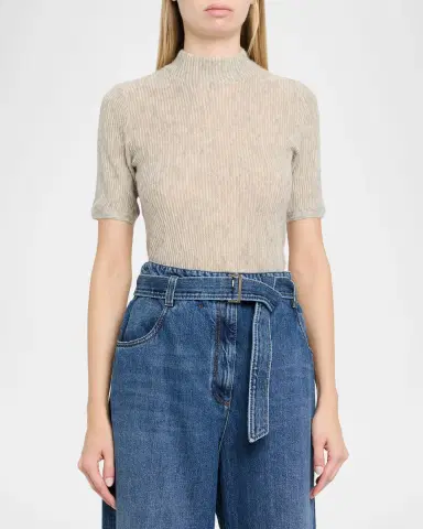 Brunello Cucinelli Mock-Neck Metallic Silk-Wool Short-Sleeve Sweater | Thumbnail 4 Brunello Cucinelli Mock-Neck Metallic Silk-Wool Short-Sleeve Sweater | Thumbnail 4