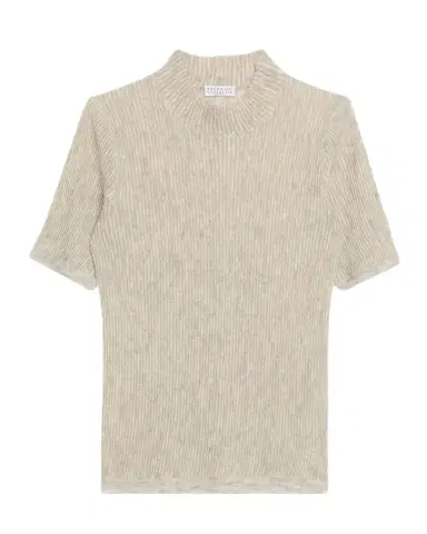 Brunello Cucinelli Mock-Neck Metallic Silk-Wool Short-Sleeve Sweater | Thumbnail 1 Brunello Cucinelli Mock-Neck Metallic Silk-Wool Short-Sleeve Sweater | Thumbnail 1
