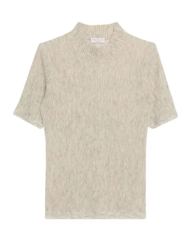 Brunello Cucinelli Mock-Neck Metallic Silk-Wool Short-Sleeve Sweater