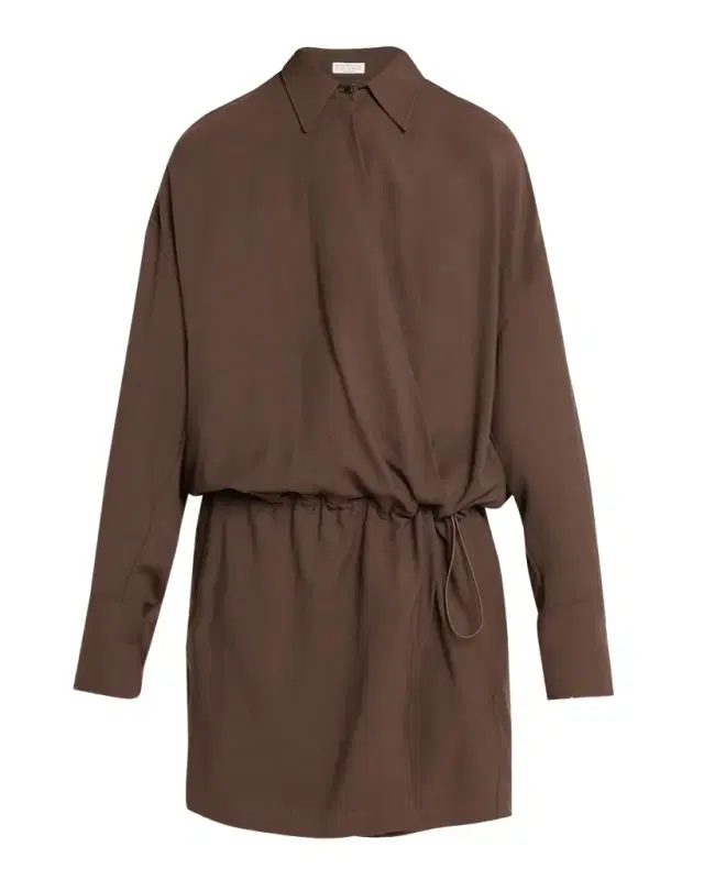 Brunello Cucinelli Fluid Wool Twill Drawstring Mini Dress