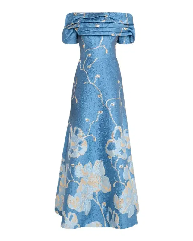 Rickie Freeman for Teri Jon Off-Shoulder Metallic Jacquard Gown
