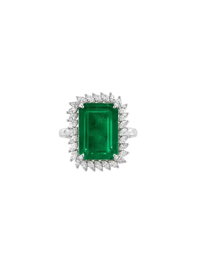 Wish Fine Jewelry 16.48ct Emerald Diamond 18K Gold Halo Cocktail Ring