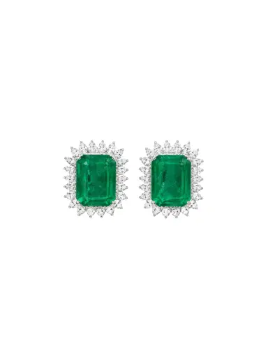 Wish Fine Jewelry 16.76ct Emerald Diamond 18K Gold Halo Earrings | Thumbnail 1 Wish Fine Jewelry 16.76ct Emerald Diamond 18K Gold Halo Earrings | Thumbnail 1