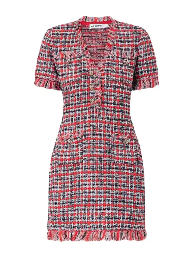 Self-Portrait Checked Frayed Cotton-blend Mini Dress