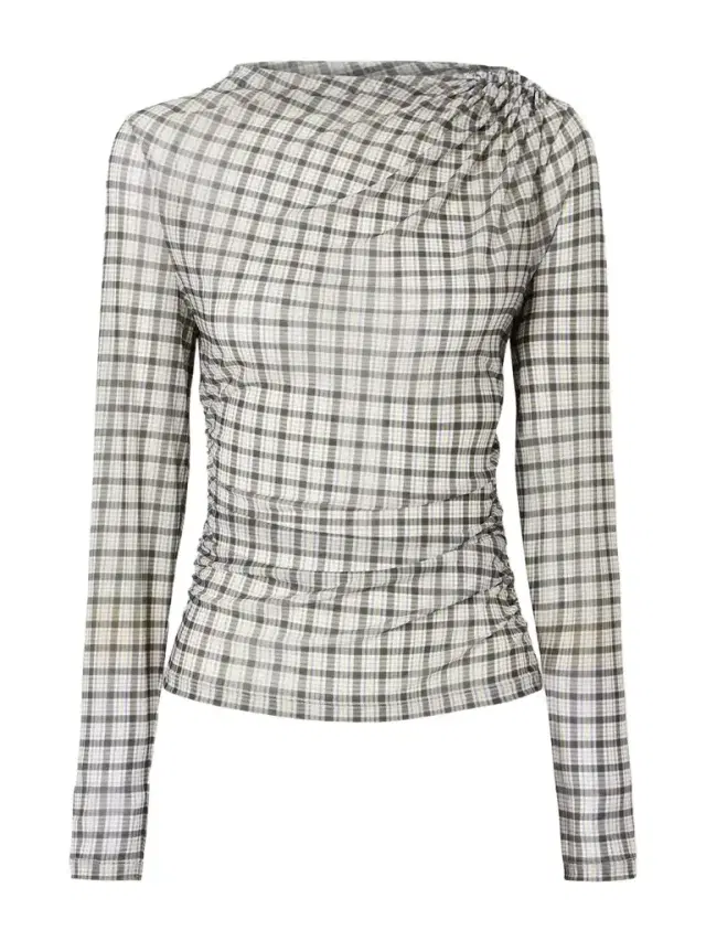 Veronica Beard Nuvina Gathered Checked Stretch-mesh Blouse
