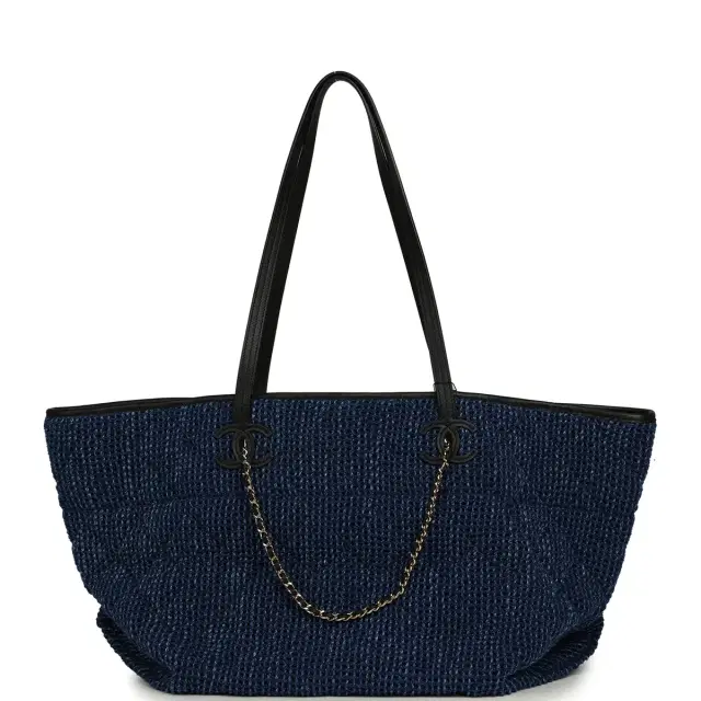 Chanel Chanel Large CC Shopping Tote Bag Dark Blue Denim, Black Calfskin Gold Hardware