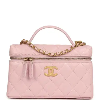 Chanel Chanel Top Handle Long Vanity Case with Chain Light Pink Shiny Caviar Brushed Gold Hardware | Thumbnail 1 Chanel Chanel Top Handle Long Vanity Case with Chain Light Pink Shiny Caviar Brushed Gold Hardware | Thumbnail 1