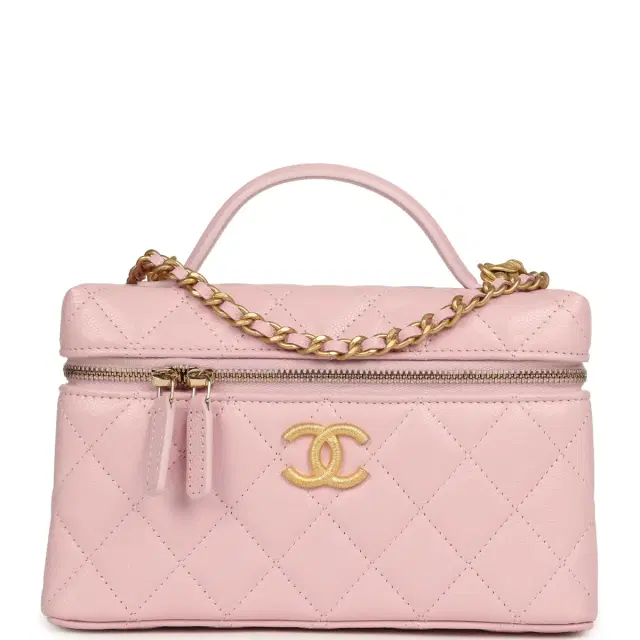 Chanel Chanel Top Handle Long Vanity Case with Chain Light Pink Shiny Caviar Brushed Gold Hardware