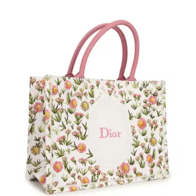 Dior Christian Dior Medium "Daisy Garden" Book Tote with Strap Pink, White, Multi Embroidered Canvas Silver Hardware | Thumbnail 2