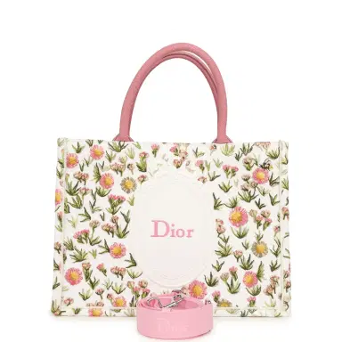 Dior Christian Dior Medium "Daisy Garden" Book Tote with Strap Pink, White, Multi Embroidered Canvas Silver Hardware | Thumbnail 1