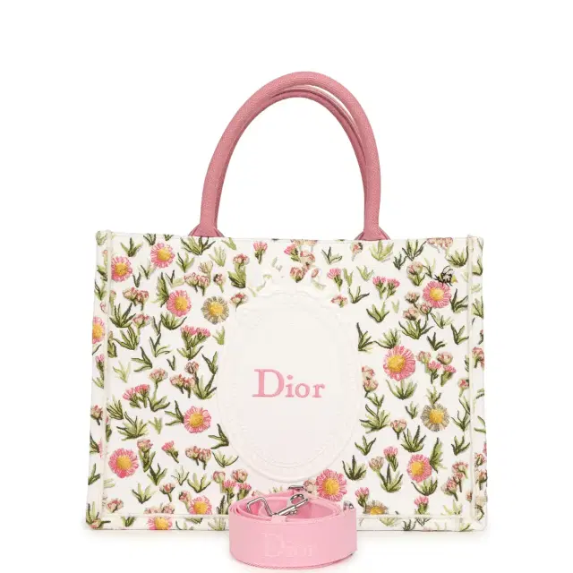 Dior Christian Dior Medium "Daisy Garden" Book Tote with Strap Pink, White, Multi Embroidered Canvas Silver Hardware