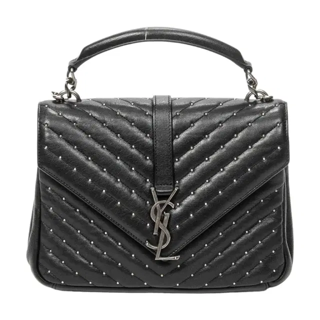 Yves Saint Laurent Yves Saint Laurent College Medium Black Chevron Leather Shoulder Bag by The Solist