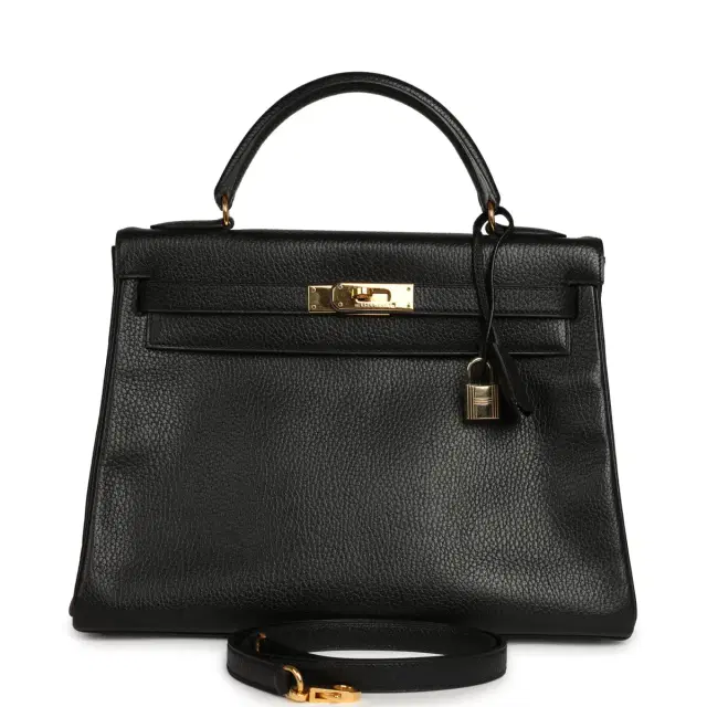 HERMÈS Vintage Hermes Kelly Retourne 32 Black Ardennes Gold Hardware