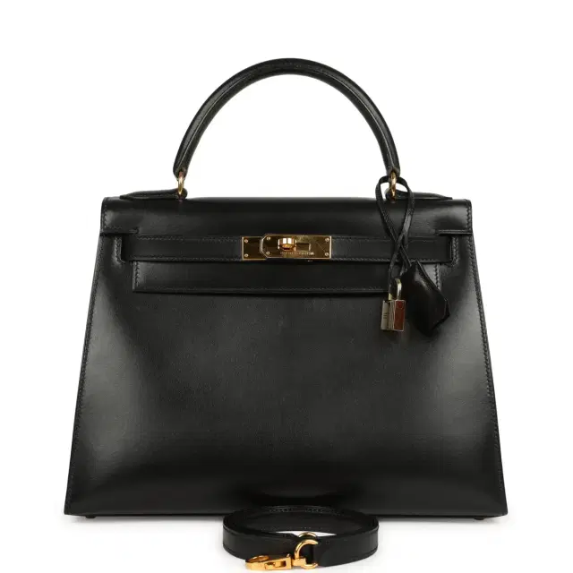 HERMÈS Vintage Hermes Kelly Sellier 28 Black Box Gold Hardware
