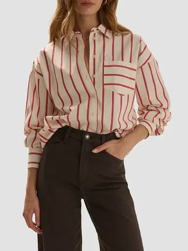 Favorite Daughter Women's The Beau Striped Cotton Shirt - White Crimson - Size XS | Thumbnail 4 Favorite Daughter Women's The Beau Striped Cotton Shirt - White Crimson - Size XS | Thumbnail 4