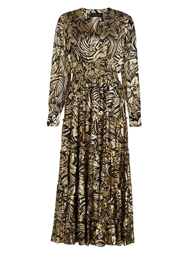 Elie Tahari Women's The Francesca Metallic Burnout Tiered Midi-Dress - Mystic Gold Floral Burnout