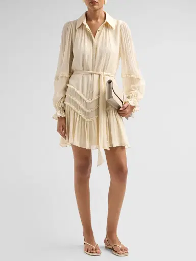 Ramy Brook Women's Maya Ruffled Silk Long-Sleeve Belted Mini Shirtdress - Bone - Size XL | Thumbnail 2 Ramy Brook Women's Maya Ruffled Silk Long-Sleeve Belted Mini Shirtdress - Bone - Size XL | Thumbnail 2