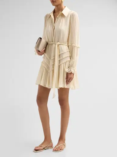 Ramy Brook Women's Maya Ruffled Silk Long-Sleeve Belted Mini Shirtdress - Bone - Size XL | Thumbnail 4 Ramy Brook Women's Maya Ruffled Silk Long-Sleeve Belted Mini Shirtdress - Bone - Size XL | Thumbnail 4