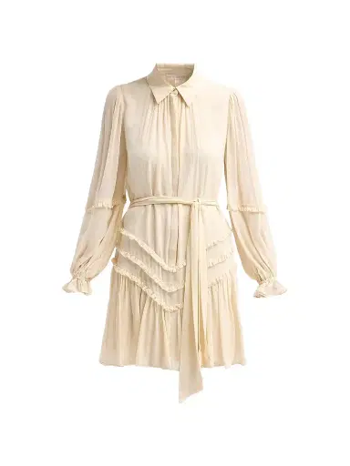 Ramy Brook Women's Maya Ruffled Silk Long-Sleeve Belted Mini Shirtdress - Bone - Size XL | Thumbnail 1 Ramy Brook Women's Maya Ruffled Silk Long-Sleeve Belted Mini Shirtdress - Bone - Size XL | Thumbnail 1